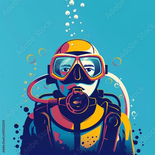 Underwater Diving flat design, front view, scuba diving experience theme, cartoon drawing, vivid colors © Ninat