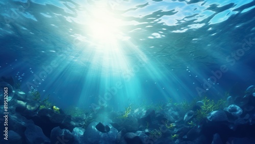 underwater scene with blue water splashes, in the style of light sky-blue and teal, clear edge definition, warmcore, environmental awareness, chillwave