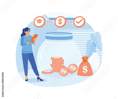 Young woman managing personal finances. Save money in a jar for education. Financial education concept. Flat vector illustration.