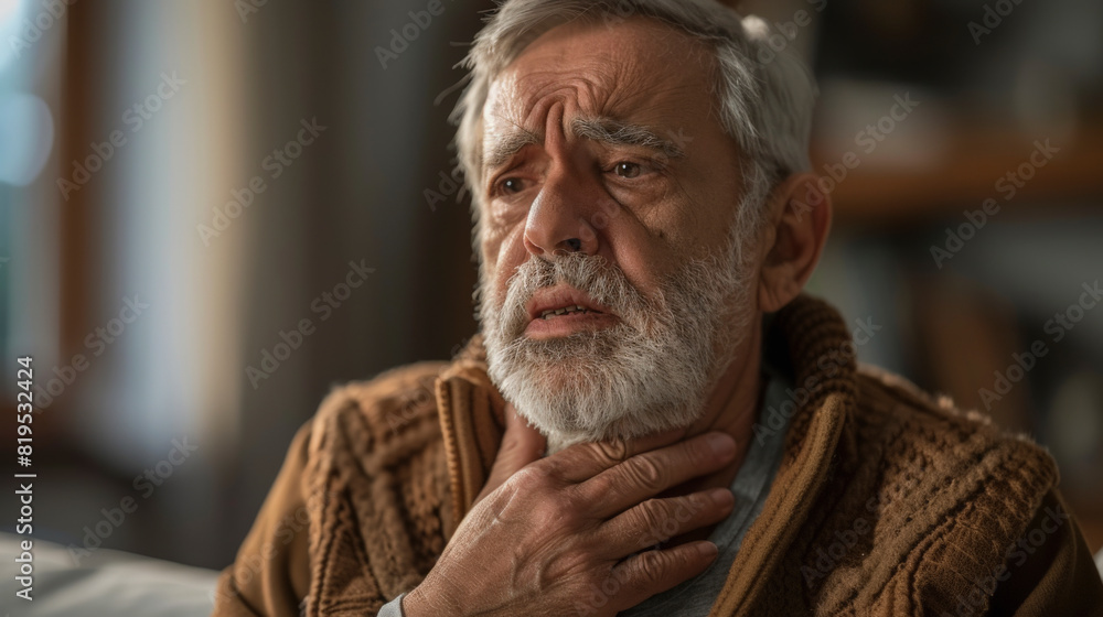 An elderly man appears concerned or in discomfort, holding his throat, suggesting a possible sore throat or difficulty swallowing, in a dimly lit indoor setting. An elderly man appears concerned or in discomfort, holding his throat, suggesting a possible sore throat or difficulty swallowing, in a dimly lit indoor setting.