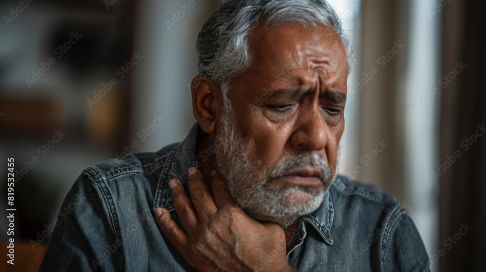 An elderly man appears troubled or in discomfort, holding his throat with a look of concern or pain on his face, suggesting possible illness or distress. An elderly man appears troubled or in discomfort, holding his throat with a look of concern or pain on his face, suggesting possible illness or distress.
