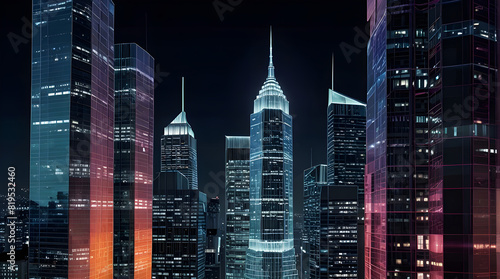 Glossy and artistic neon light effect urban landscapes of modern towering cities and Skyscrapers or Artistic textures and futuristic townscapes ai generative #819532460