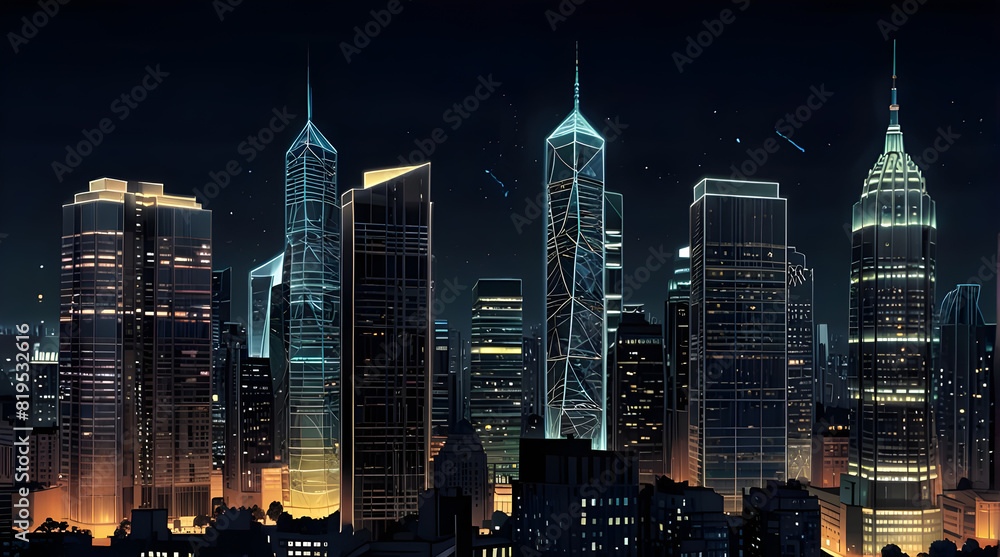 Naklejka premium Glossy and artistic neon light effect urban landscapes of modern towering cities and Skyscrapers or Artistic textures and futuristic townscapes ai generative