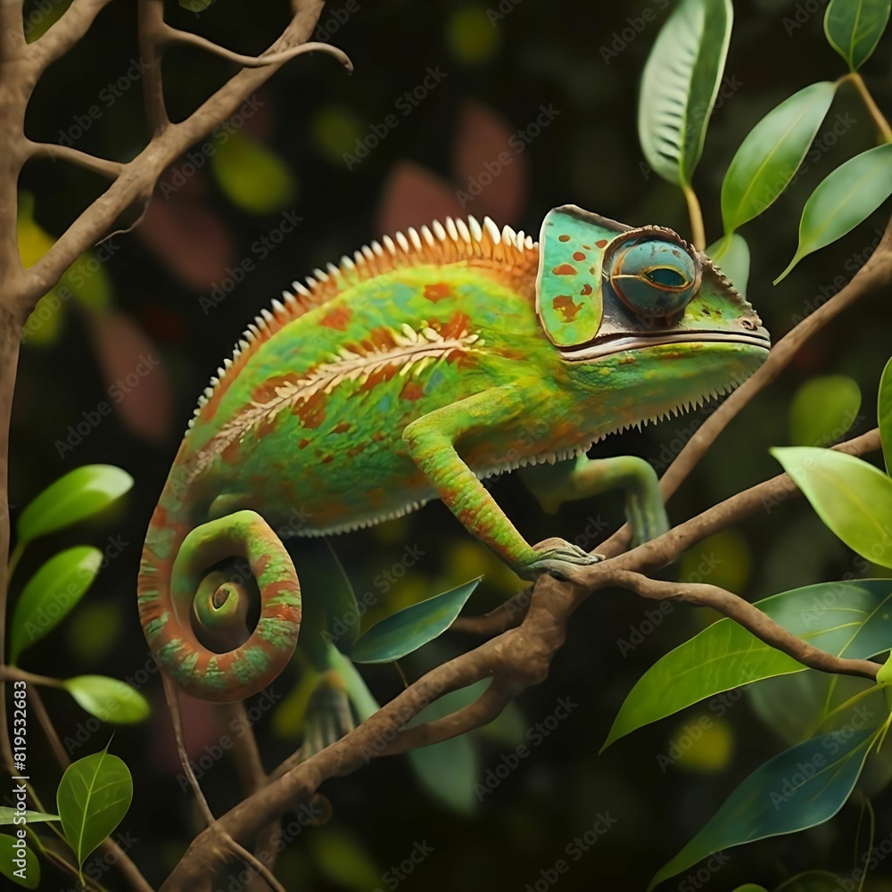 Fototapeta premium Green chameleon clinging to a branch