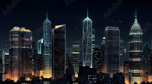 Glossy and artistic neon light effect urban landscapes of modern towering cities and Skyscrapers or Artistic textures and futuristic townscapes ai generative #819532616