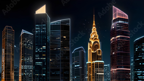 Glossy and artistic neon light effect urban landscapes of modern towering cities and Skyscrapers or Artistic textures and futuristic townscapes ai generative #819532688