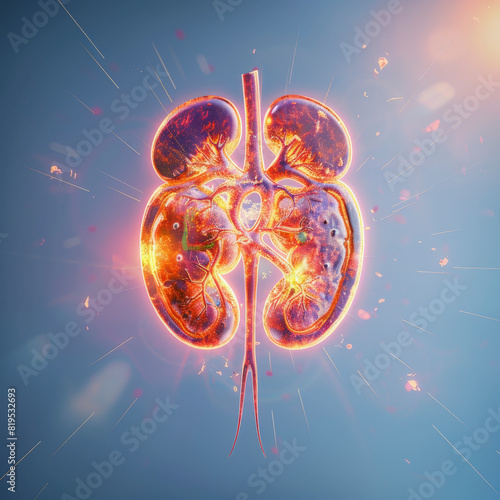 Caption: 3D illustration of a human kidney highlighted with neon lighting to showcase the renal system and its complex internal structures. photo