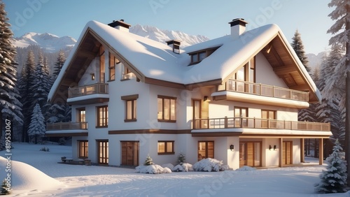 Architecture modern cozy house in chalet style with winter white snow, 3D building design illustration