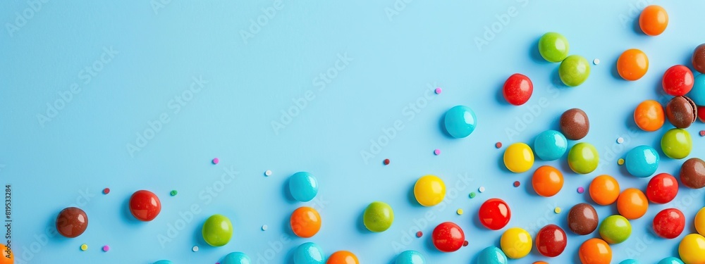Colorful round candies scattered on a light blue background. Sweet food concept creates a lively and enjoyable atmosphere