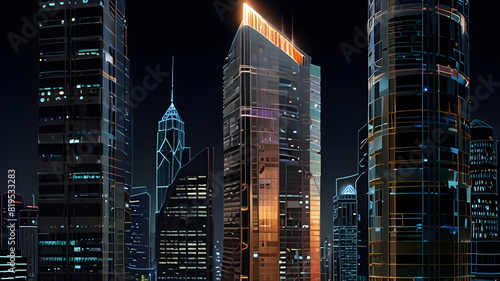 Glossy and artistic neon light effect urban landscapes of modern towering cities and Skyscrapers or Artistic textures and futuristic townscapes ai generative #819533283