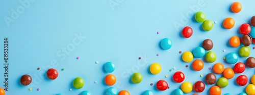 Colorful round candies scattered on a light blue background. Sweet food concept creates a lively and enjoyable atmosphere