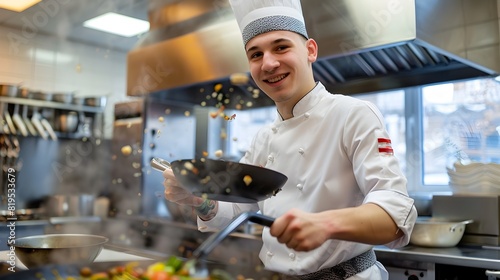 Smiling Chef Preparing Meal in Commercial Kitchen