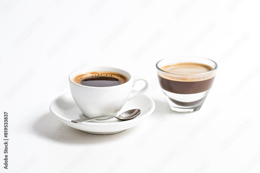Two Coffee Cups and a Glass on a Saucer with Spoon Two Coffee Cups and a Glass on a Saucer with Spoon
