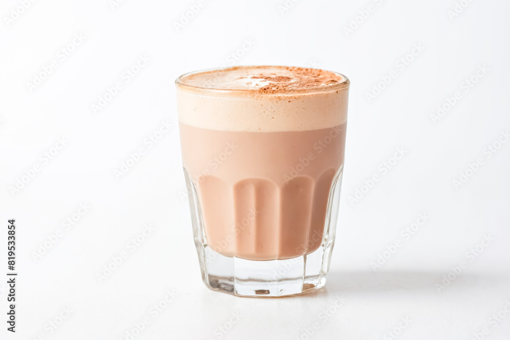 Close up of a glass of iced coffee with a white background Close up of a glass of iced coffee with a white background