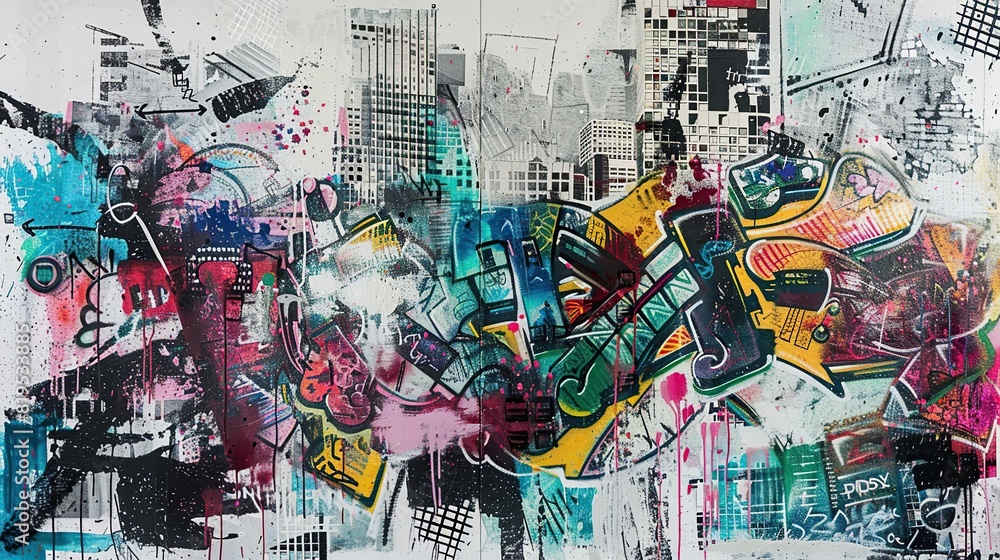 Colorful painting of a man with a hat and a city in the background. The painting is abstract and has a lot of different colors Colorful painting of a man with a hat and a city in the background. The painting is abstract and has a lot of different colors