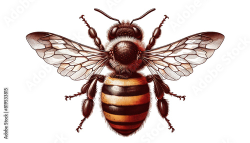 A stunning bee is flying, isolated on transparent background, macro, incredible pollinator, Honey Bumble Bee Vintage illustration of honey bee on white background.
