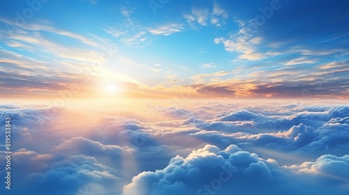 sunrise on blue sky. Blue sky with some clouds. View over the clouds. generate AI