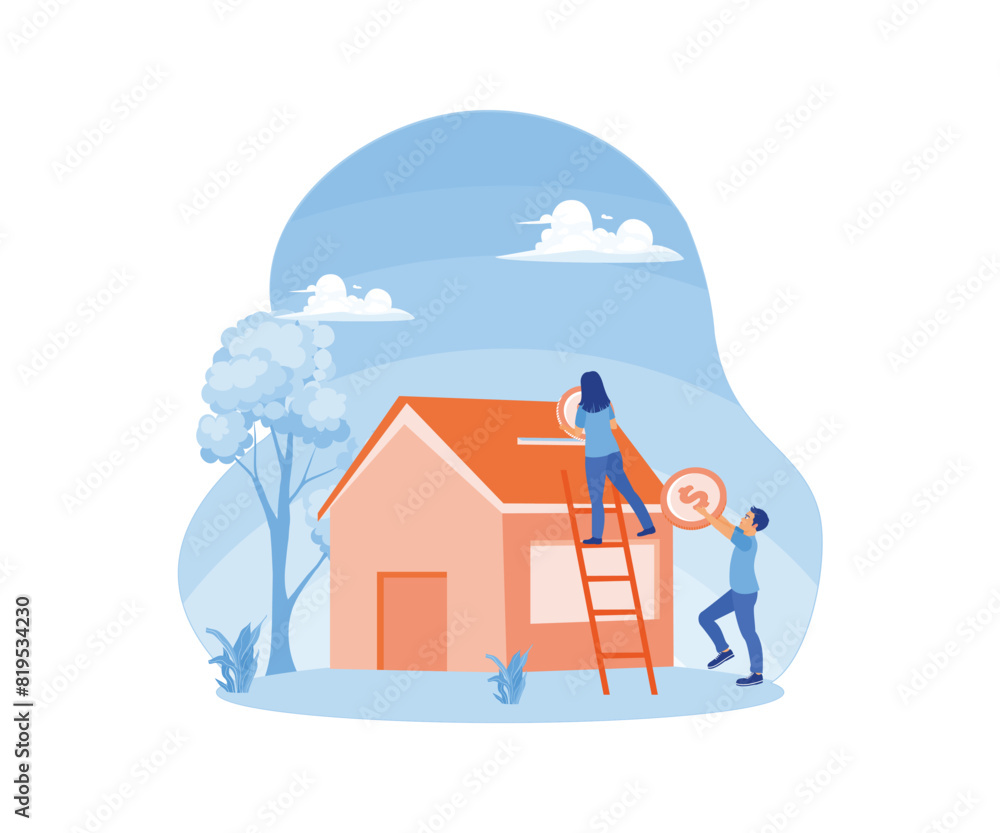 Men and women invest money to buy a house. Buying property with a mortgage. Mortgage process concept. Flat vector illustration. Men and women invest money to buy a house. Buying property with a mortgage. Mortgage process concept. Flat vector illustration.