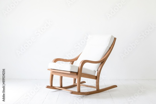 Wooden Rocking Chair with White Cushion on White Floor