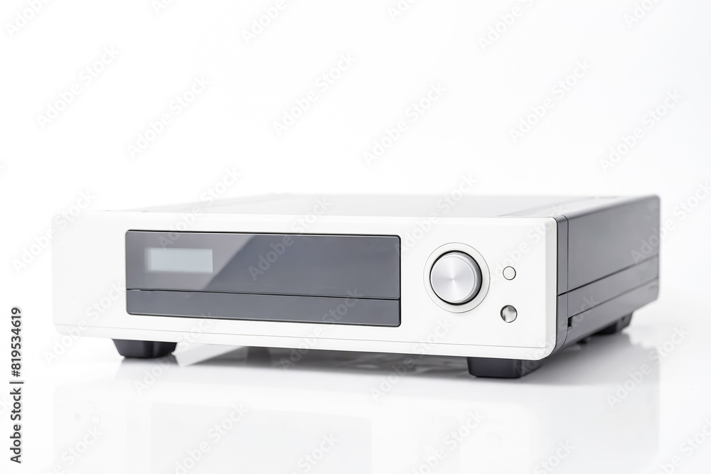 Close-up of a white and grey audio system Close-up of a white and grey audio system