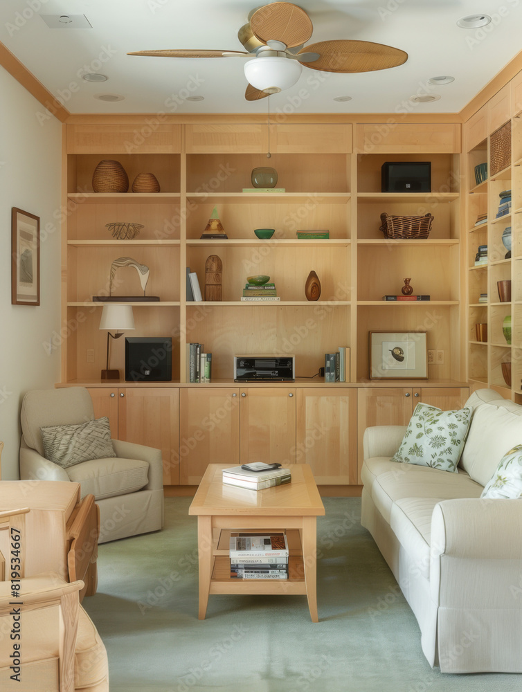 Fototapeta premium bright room with a sofa and a wooden beige wardrobe and light from the window interior design