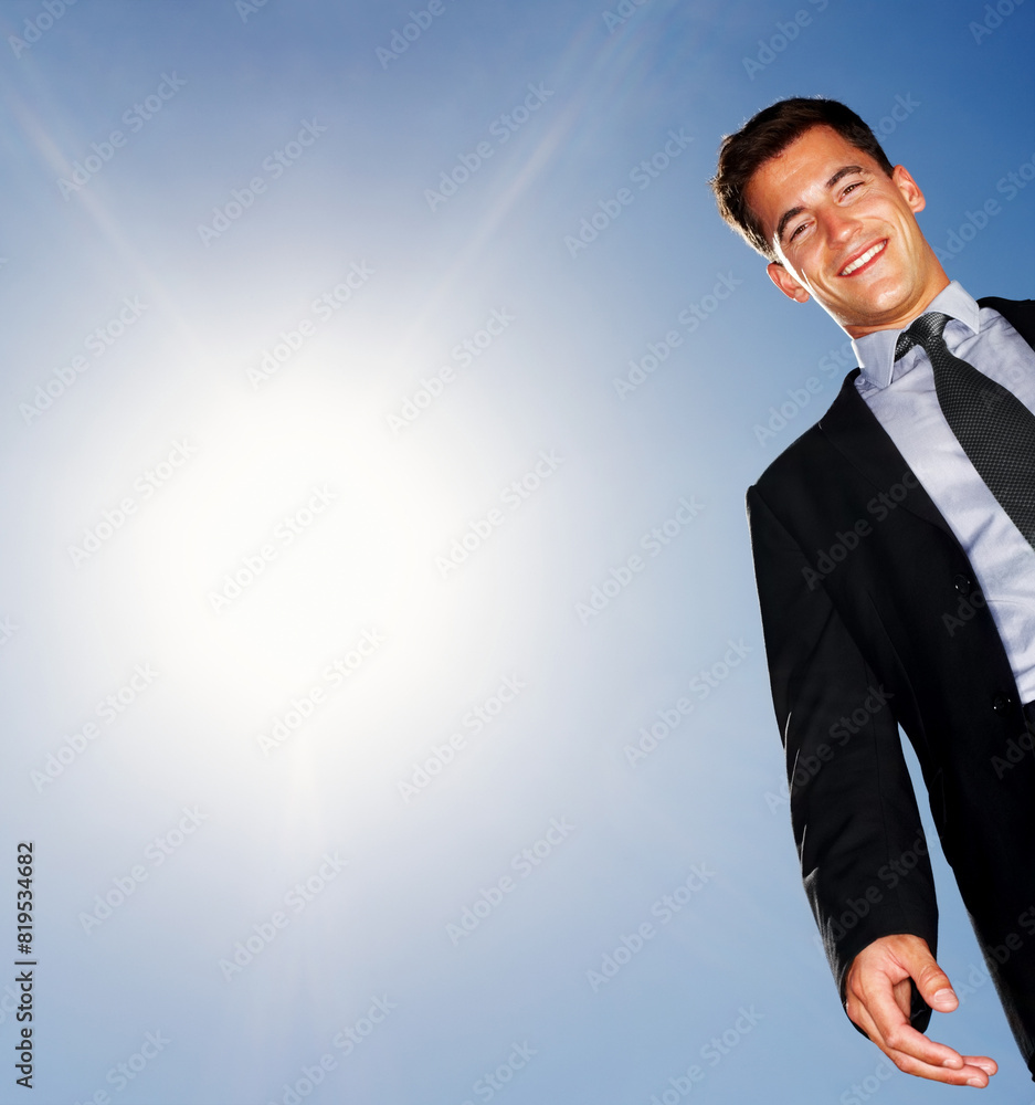 Businessman, blue sky and portrait with sunshine or smile for career, lawyer or advocate for justice. Male attorney, outdoor and summer with mockup or low angle, happiness for job with legal aid Businessman, blue sky and portrait with sunshine or smile for career, lawyer or advocate for justice. Male attorney, outdoor and summer with mockup or low angle, happiness for job with legal aid