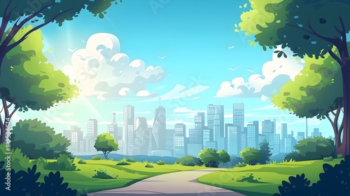 Vibrant Cityscape With Lush Greenery and Majestic Skyscrapers Rising Into the Bright Blue Sky