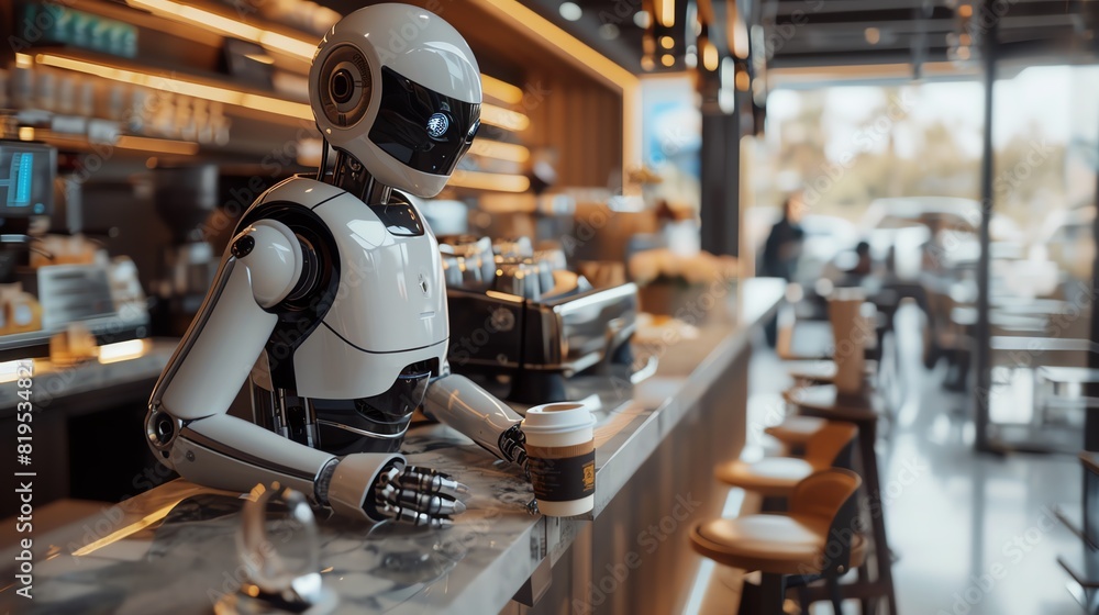 An advanced humanoid robot serving coffee in a chic cafe, front view, showcasing the integration of robots in daily life, in a robotic tone using a Complementary Color Scheme An advanced humanoid robot serving coffee in a chic cafe, front view, showcasing the integration of robots in daily life, in a robotic tone using a Complementary Color Scheme
