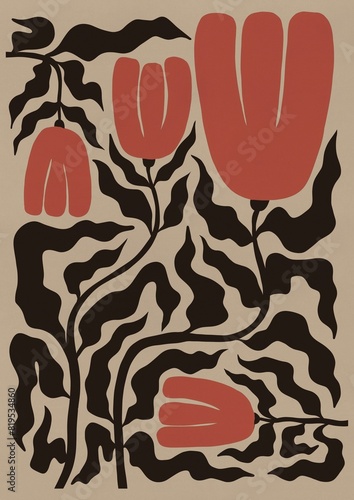 Εκτύπωση καμβά Graphic vintage abstract hand draw flowers matisse style, retro mid century art,