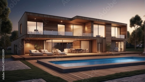 Architecture modern house with swimming pool in summer at night  3D building design illustration