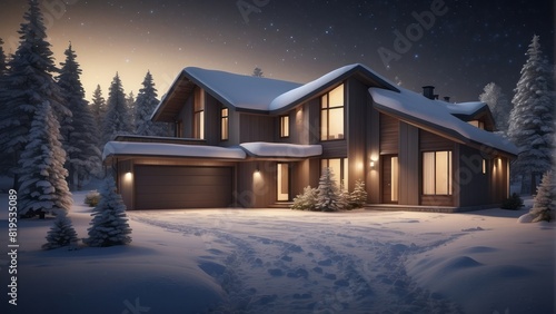 Architecture modern house with white snow in winter at night, 3D building design illustration