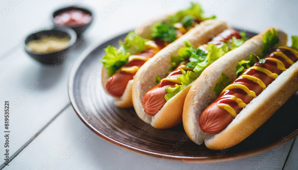 hot dogs neatly arranged on a white plate. Bright lighting accentuates the vibrant colors, creating an appetizing display on a white tabletop background. Perfect for food-themed visuals hot dogs neatly arranged on a white plate. Bright lighting accentuates the vibrant colors, creating an appetizing display on a white tabletop background. Perfect for food-themed visuals