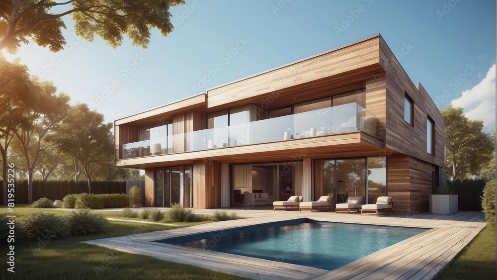Architecture modern house with swimming pool in summer day, 3D building design illustration