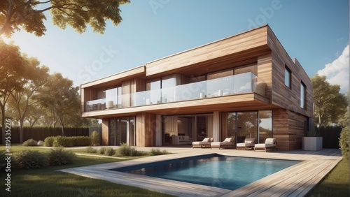 Architecture modern house with swimming pool in summer day, 3D building design illustration © free