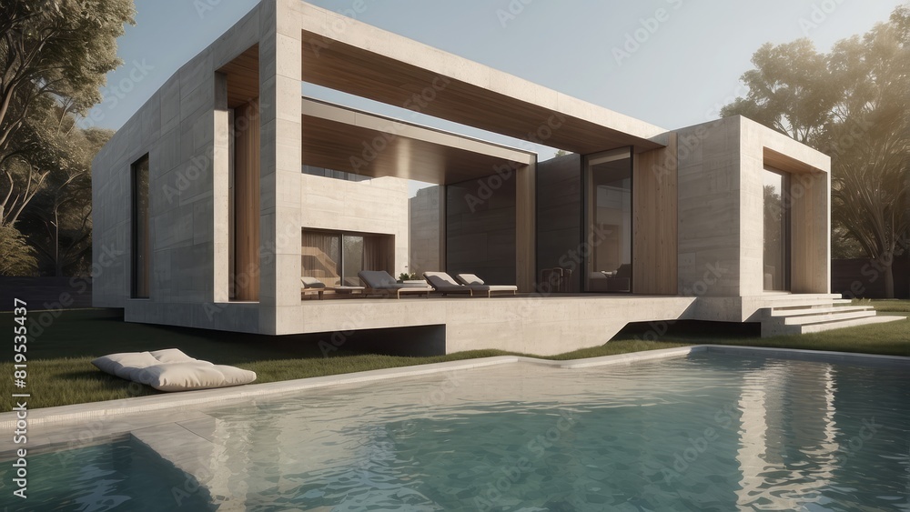 Fototapeta premium Architecture modern house with swimming pool, 3D building design illustration