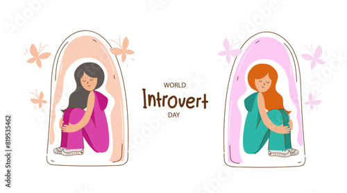 World Introvert Day. An image of an introverted person sitting under a glass hood. A conceptual banner.  Hand drawn vector illustration