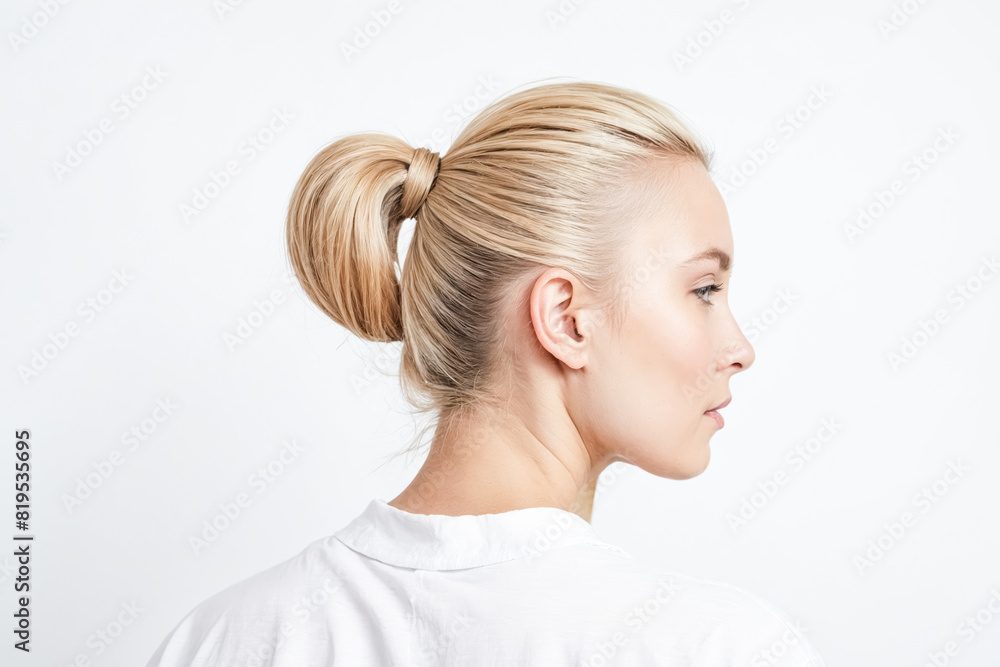 Young blonde girl looking right side view from back on white background. Young blonde girl looking right side view from back on white background.