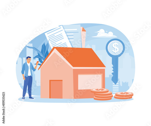 People are signing contract documents. Receive house keys from the property agent. Mortgage process concept. Flat vector illustration.