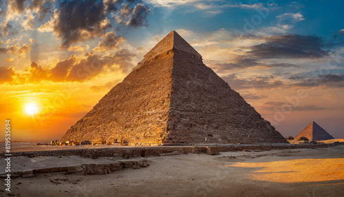 Egyptian pyramid under a clear blue sky  symbolizing the grandeur and mystery of ancient civilizations. The pyramid s geometric precision and massive scale highlight its architectural marve