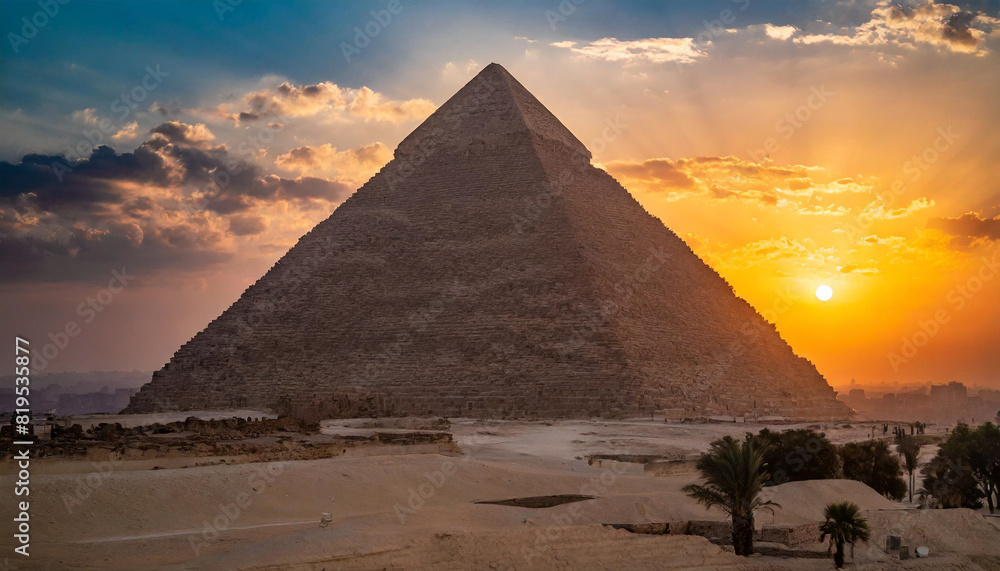 Egyptian pyramid under a clear blue sky, symbolizing the grandeur and mystery of ancient civilizations. The pyramid's geometric precision and massive scale highlight its architectural marve Egyptian pyramid under a clear blue sky, symbolizing the grandeur and mystery of ancient civilizations. The pyramid's geometric precision and massive scale highlight its architectural marve