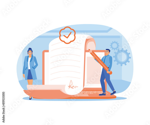 People buy houses with mortgages. Sign bank approval documents. Mortgage process concept. Flat vector illustration.