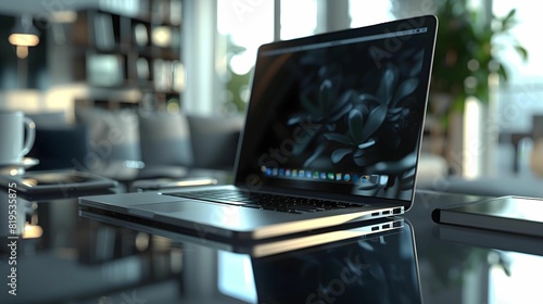 Closeup of  silver macbook on a glass table in a modern office space