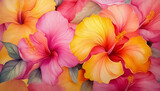 Vibrant colorful hibiscus background in pinks and yellows; tropical spring summer wallpaper; watercolor illustration