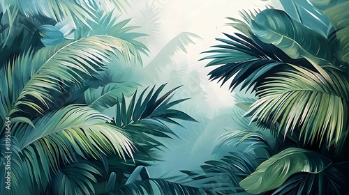 The image is a beautiful watercolor painting of a lush tropical rainforest