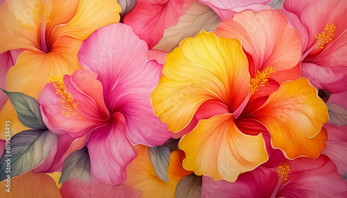Vibrant colorful hibiscus background in pinks and yellows; tropical spring summer wallpaper; watercolor illustration photo