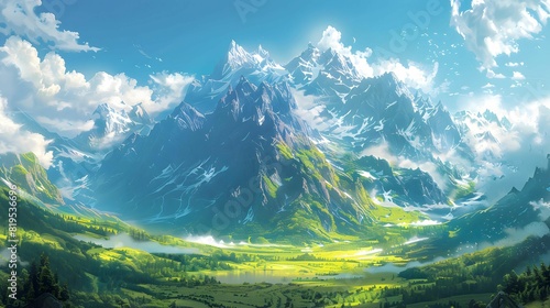 The image shows a beautiful mountain landscape with green fields