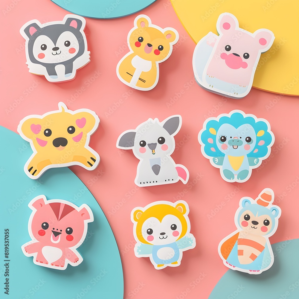 Isometric 3D render of a cute sticker design with cartoon animals and bold outlines, displayed on a pastel-colored background
