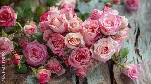 Pink roses arranged in a heart shape on a vintage wooden surface represent a romantic floral gift perfect for wedding invitations and celebration backgrounds.