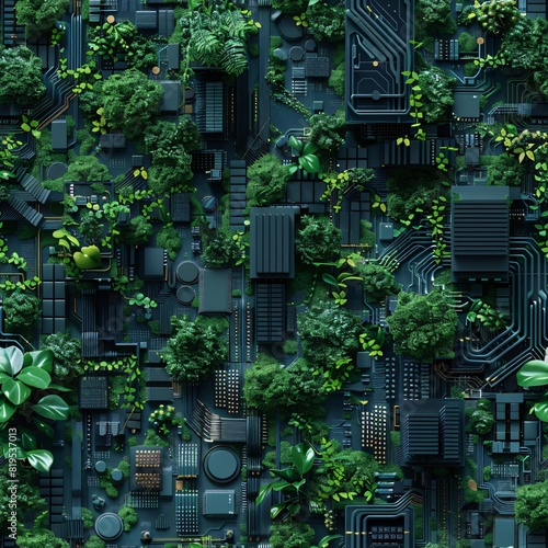 Green foliage and electronic circuits intertwine in a unique blend of nature and technology, creating an eco-tech visual concept. photo