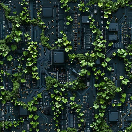 Green foliage intertwines with electronic circuitry, blending nature and technology in a captivating and contrasting visual composition.